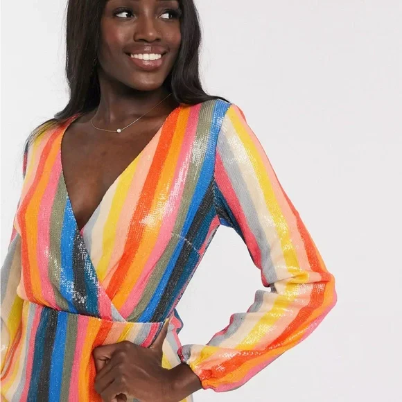 Rainbow Sequin Multicolor Striped Long Sleeve Dress - Picture 4 of 5